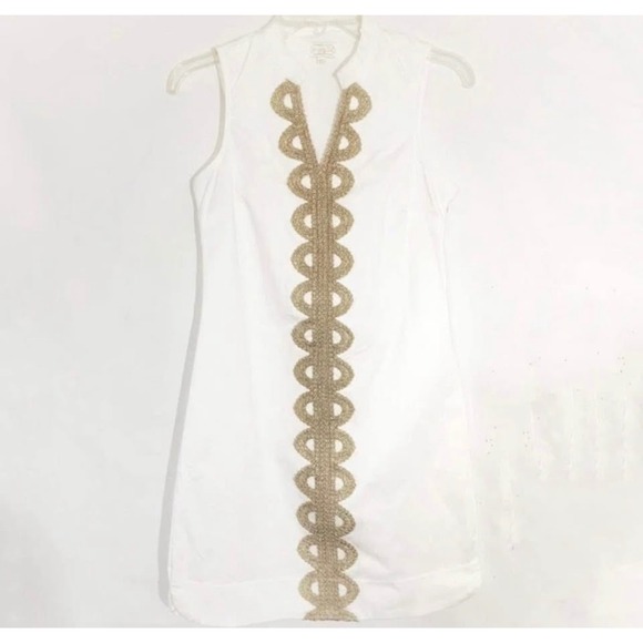 Mud Pie White Sleeveless Gold Trimmed Shift Dress Size Large - Picture 4 of 7